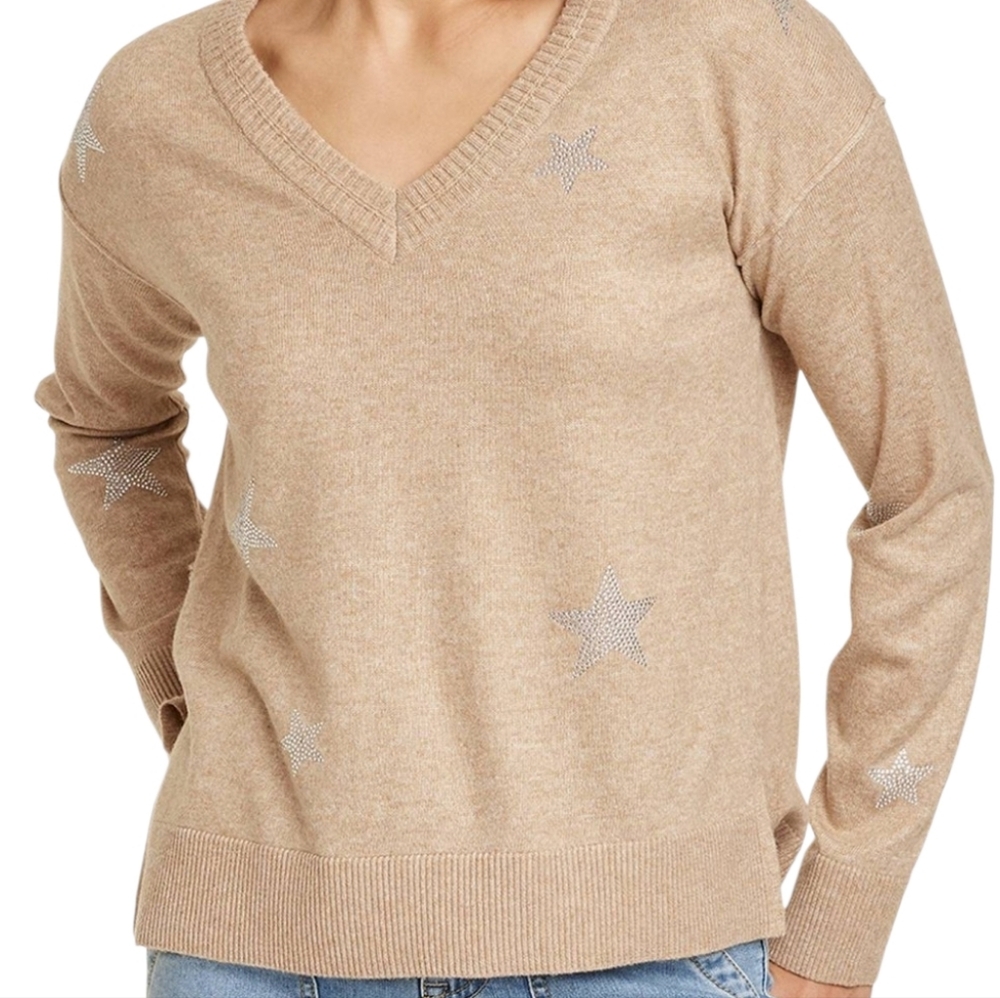 NWT Knox Rose V-Neck Sweater with Rhinestone Star Accents Tan